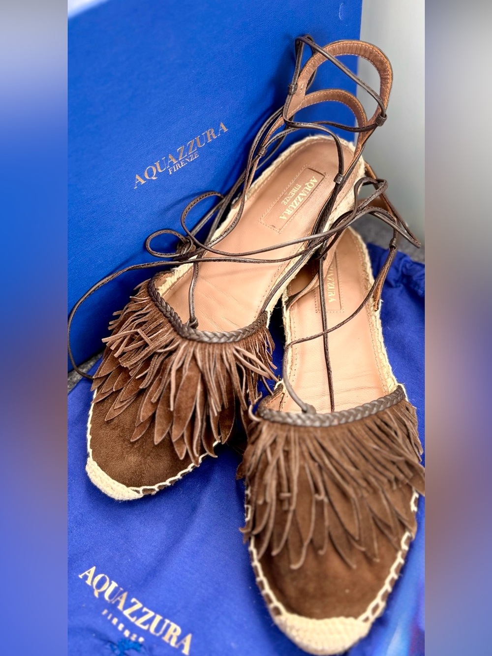 Aquazzura Brown Suede Fringe Espadrille Flats with Ankle Ties
